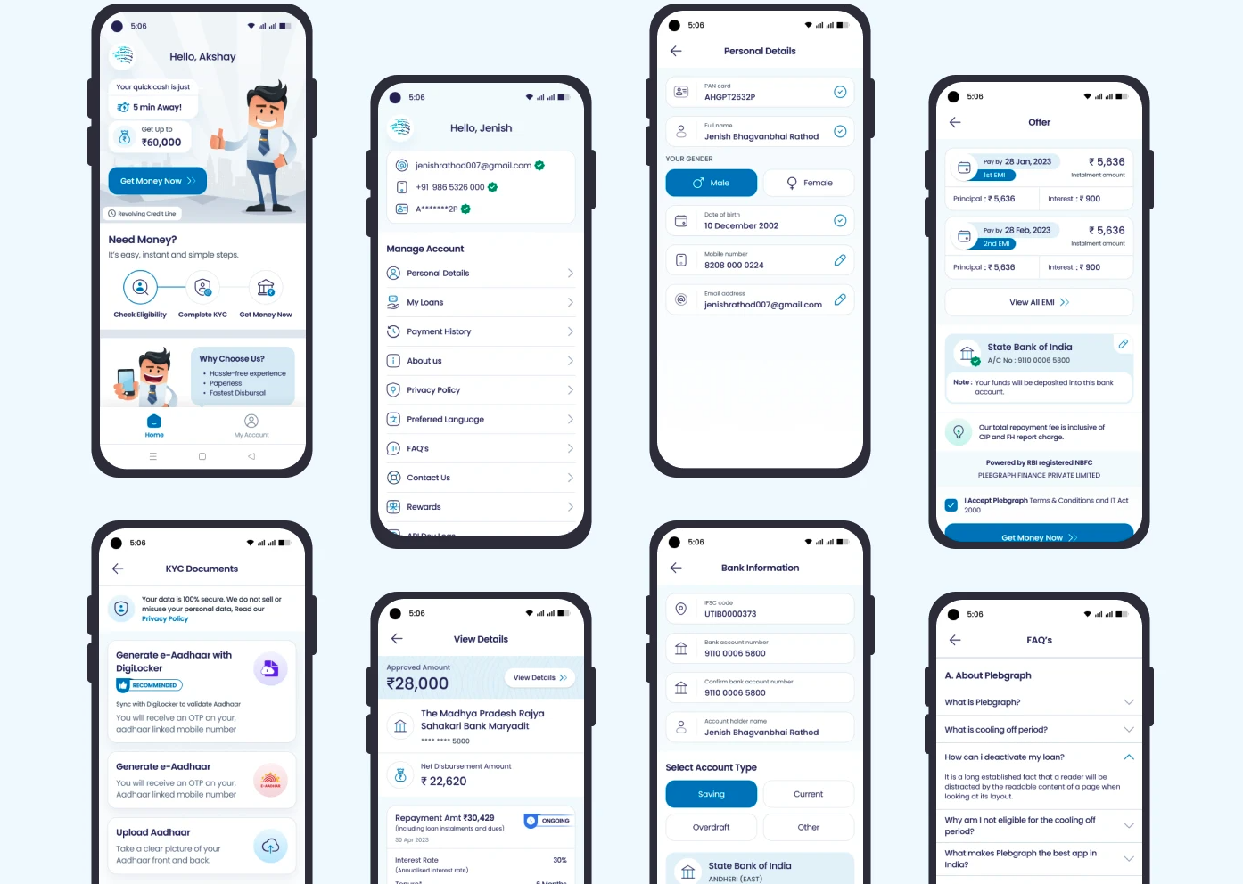 Eight Plebgraph mobile app screens covering the homepage, account menu, personal details, loan offer, KYC documents, loan details, bank information and FAQs